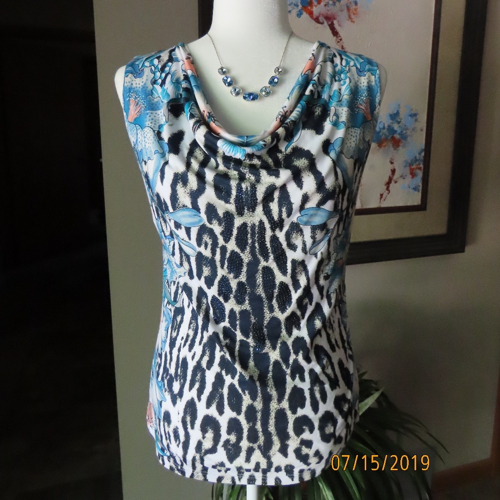 Sleeveless embellished drape neck top w/lacey back